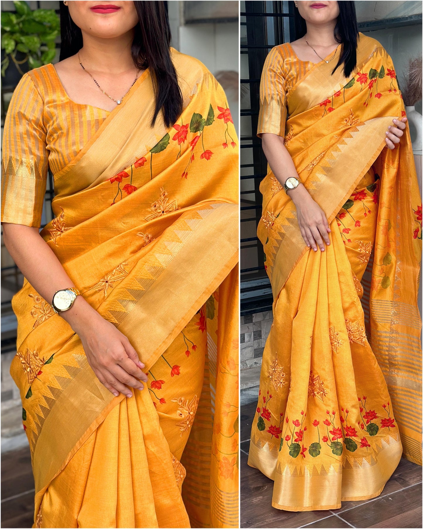 Floral Print Saree With Embroidery Work And Zari Border