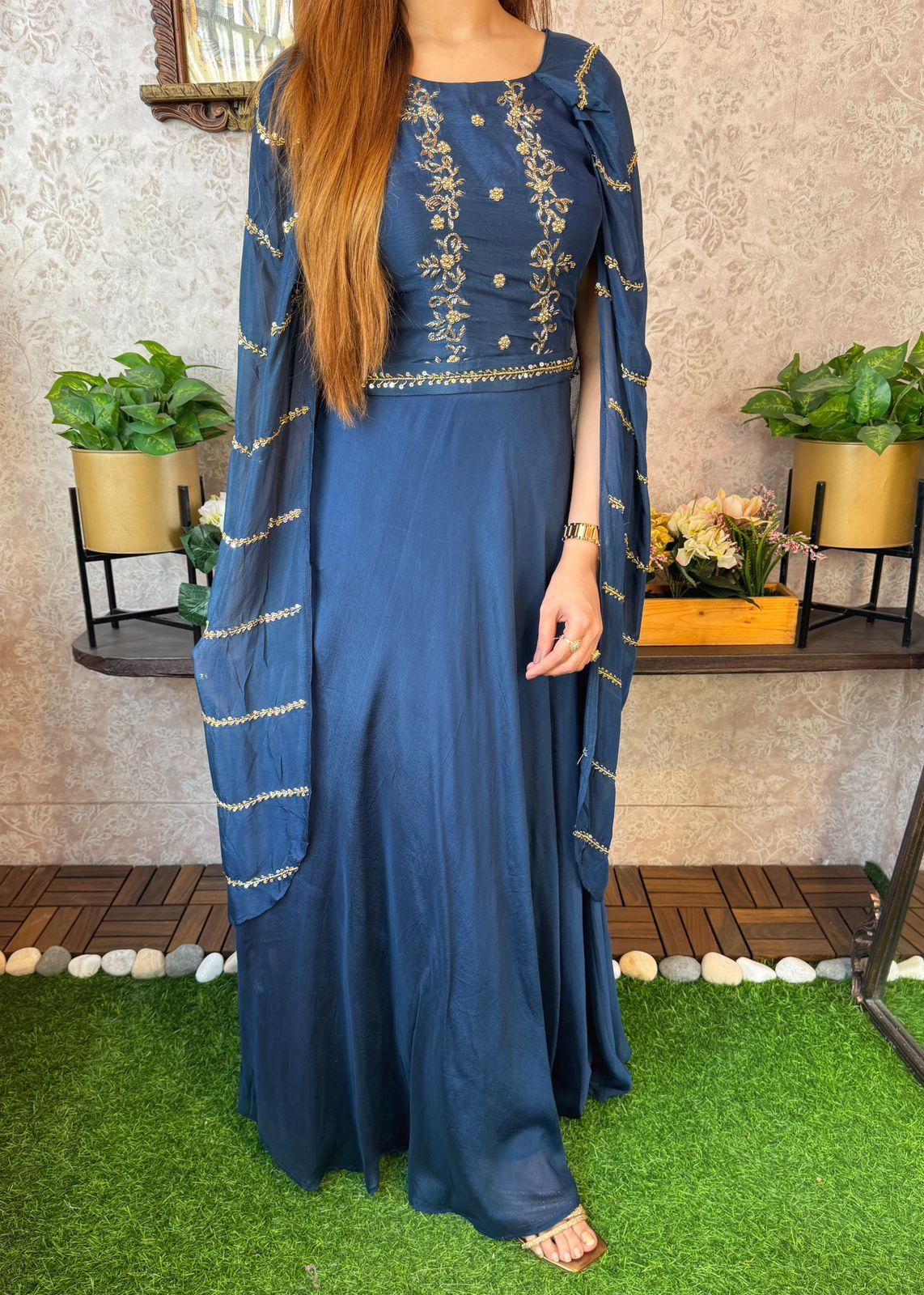 Embroidery Work Gown With Attached Jacket