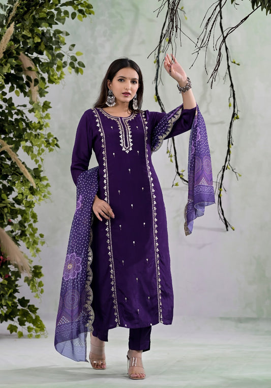 Buy Purple Chanderi Gota Work Suit in UAE