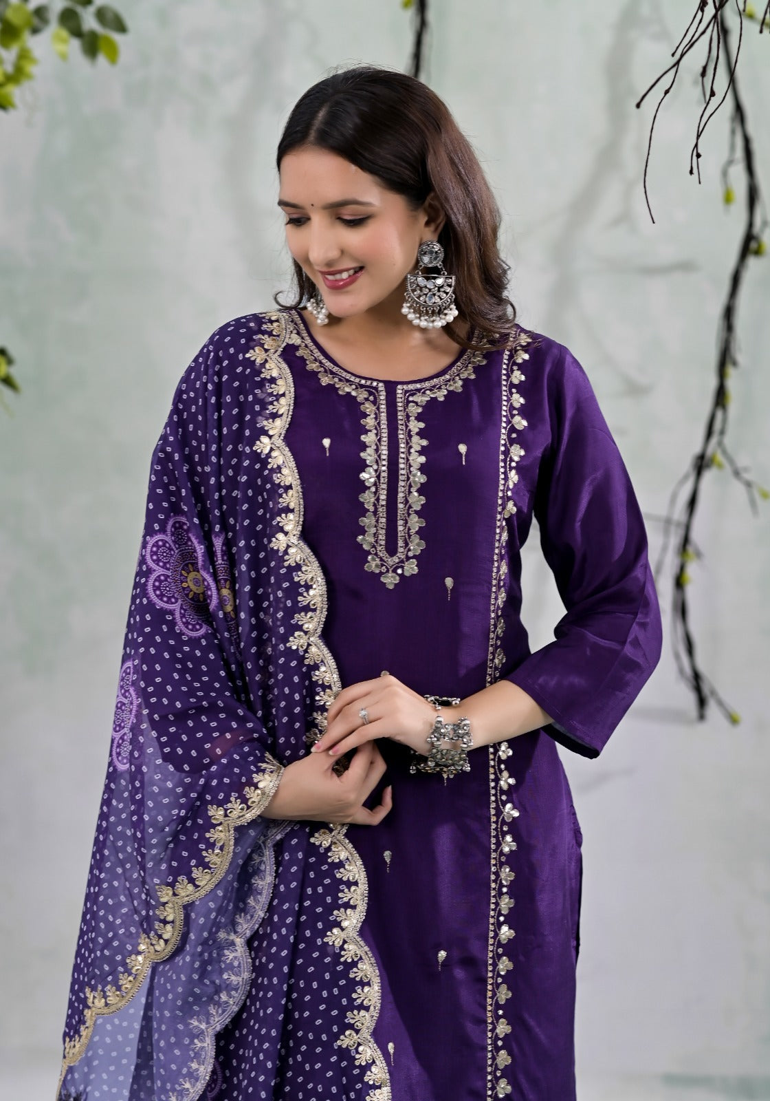 Buy Purple Chanderi Gota Work Suit in UAE