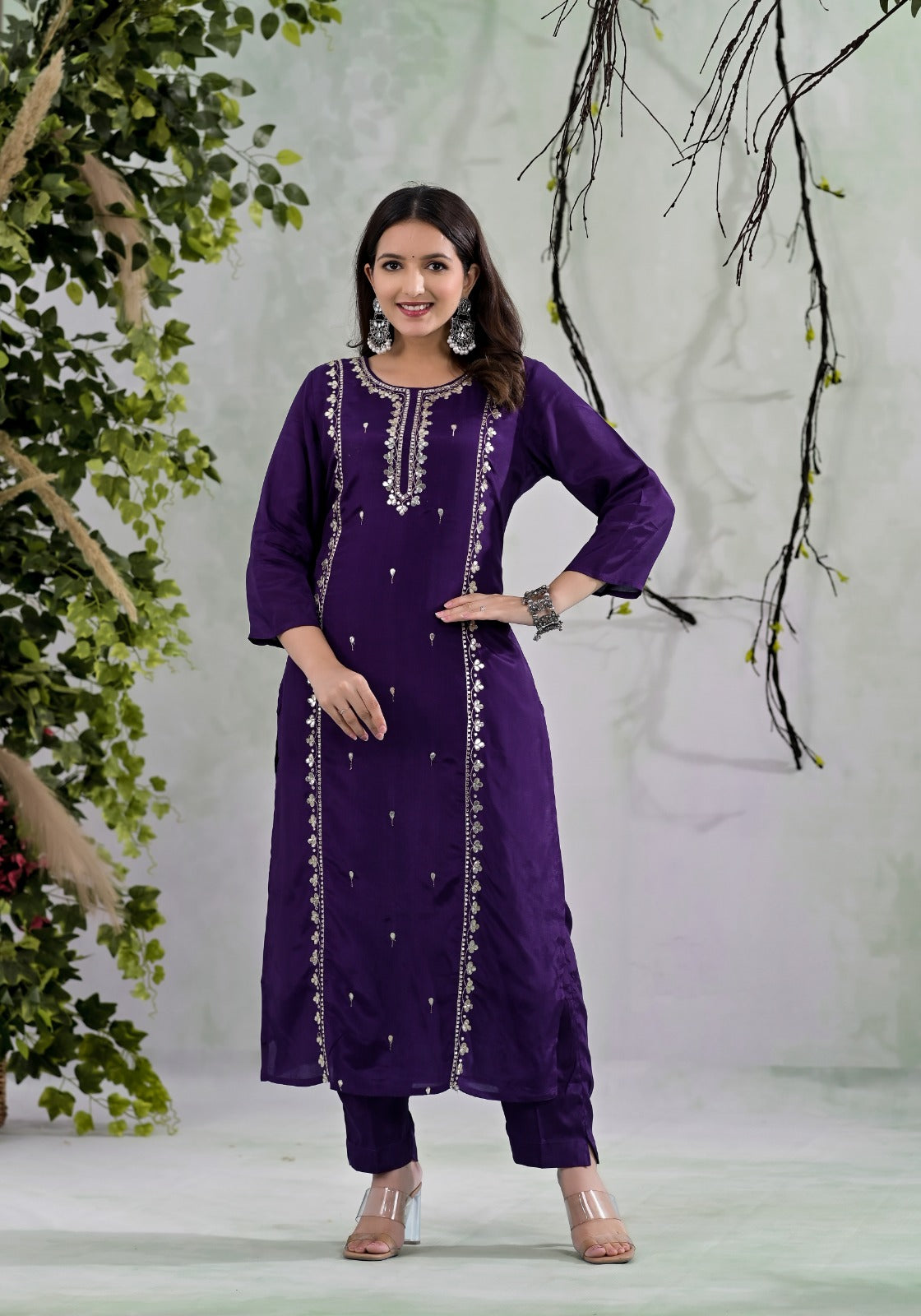 Buy Purple Chanderi Gota Work Suit in UAE