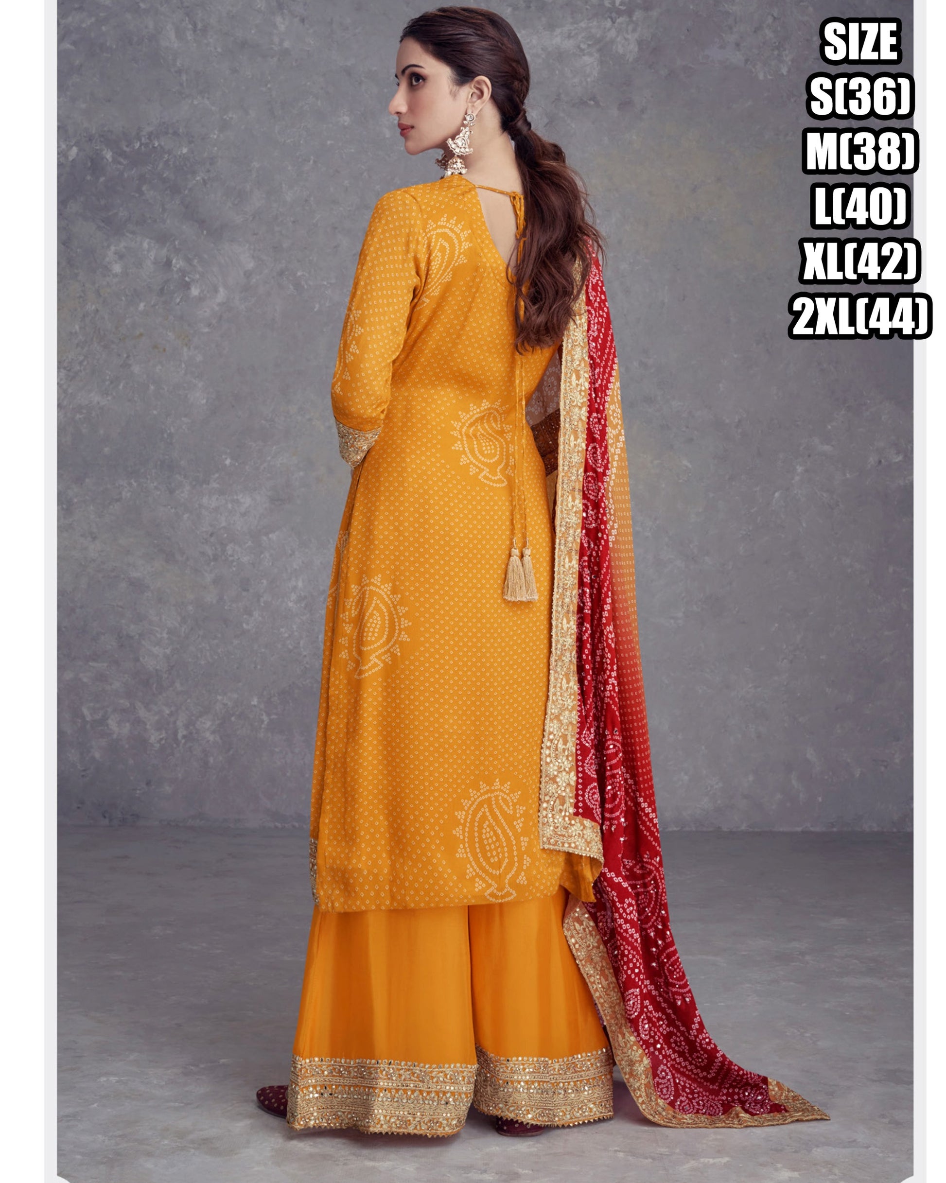 Yellow Chinon Digital Print Suit With Embroidery Work