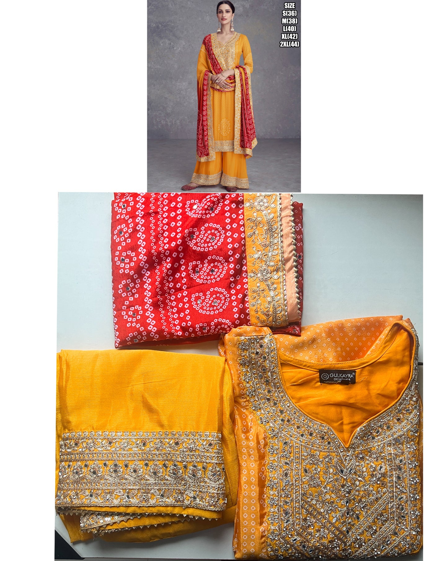 Yellow Chinon Digital Print Suit With Embroidery Work