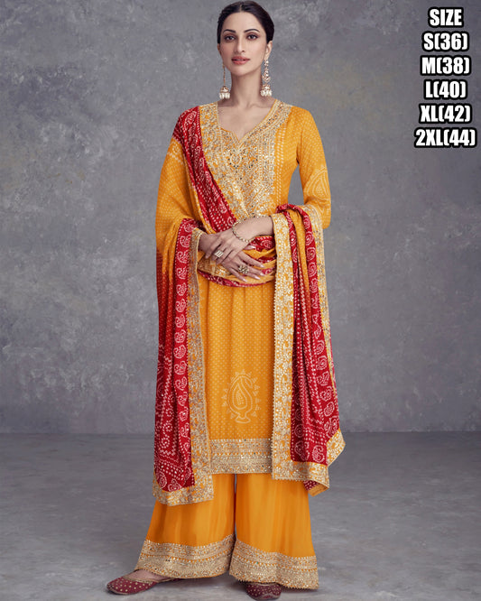 Yellow Chinon Digital Print Suit With Embroidery Work