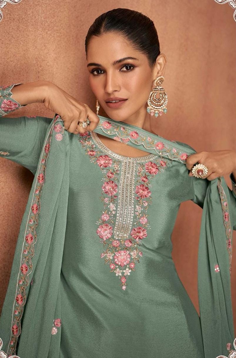 Chinon Embroidery Work Kurti With Plazzo And Dupatta