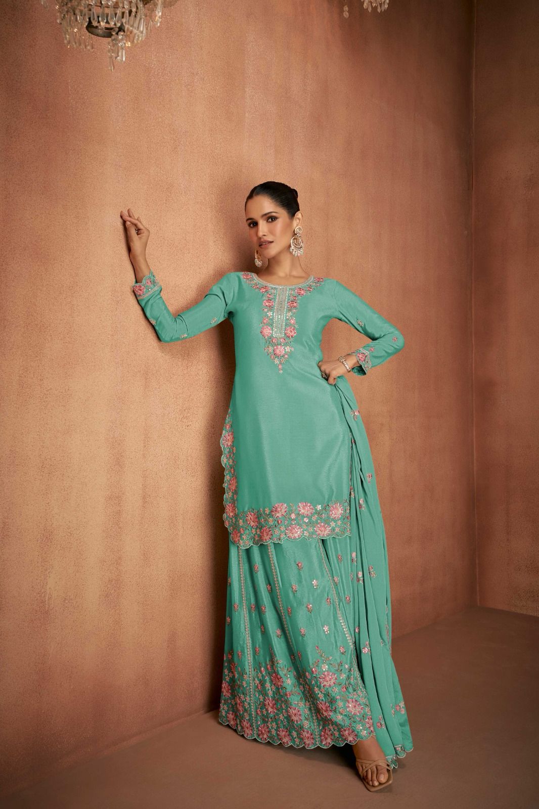 Chinon Embroidery Work Kurti With Plazzo And Dupatta