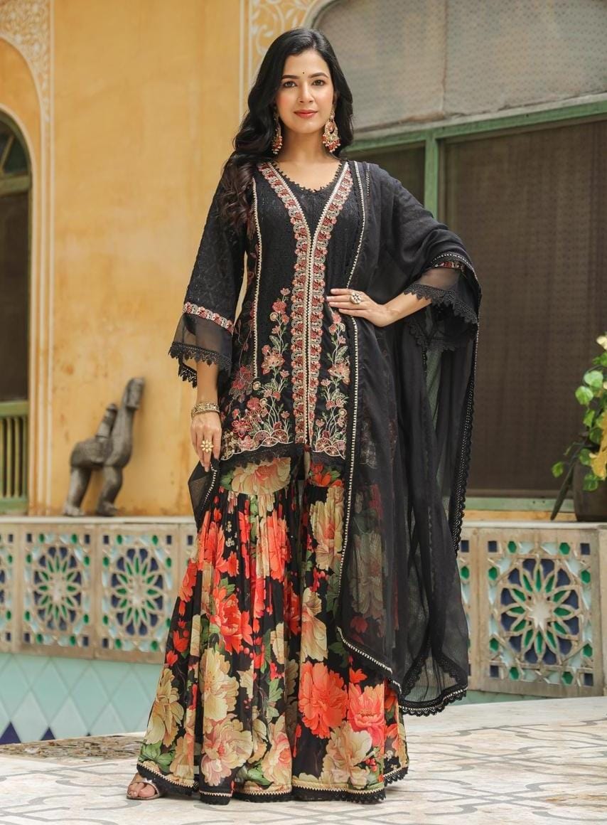 Chinon Net Schiffli Short Kurti With Floral Print Sharara And Kota Doria Dupatta