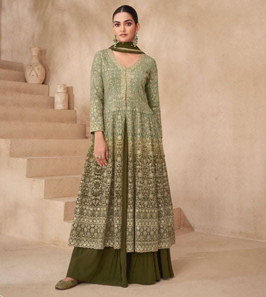 Embroidered Front Slit Kurta With Skirt And Dupatta