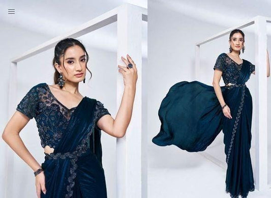 Ready To Wear Saree With Embroidered Stitched Blouse And Belt