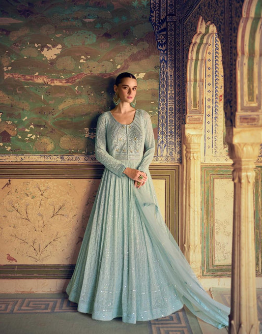 Chikankari Pattern Embroidered Gown With Dupatta