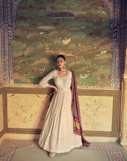 Chikankari Pattern Embroidered Gown With Dupatta