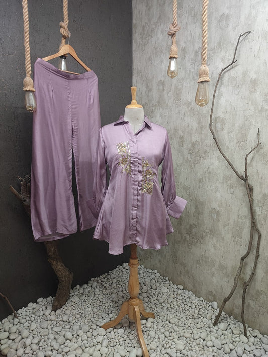 Embroidered Shirt With Flared Pants Coord Set