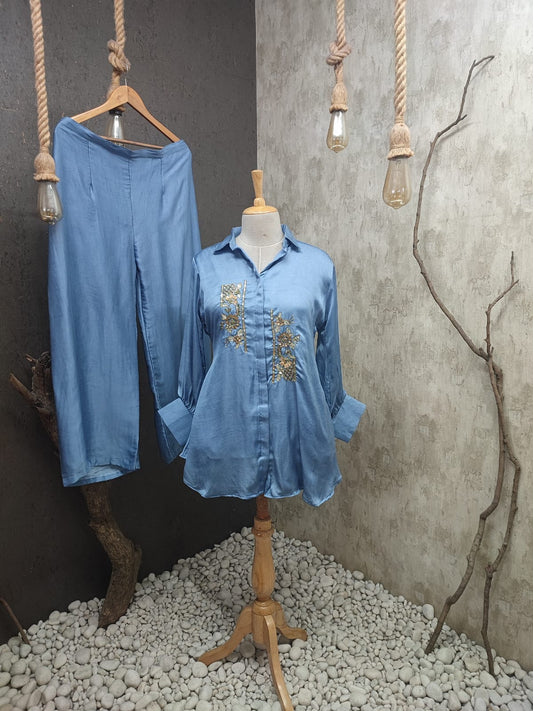 Embroidered Shirt With Flared Pants Coord Set