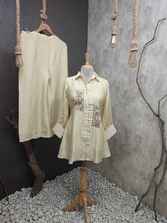 Embroidered Shirt With Flared Pants Coord Set