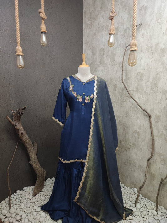 Hand Embroidered Kurti With Sharara Pants And Dupatta