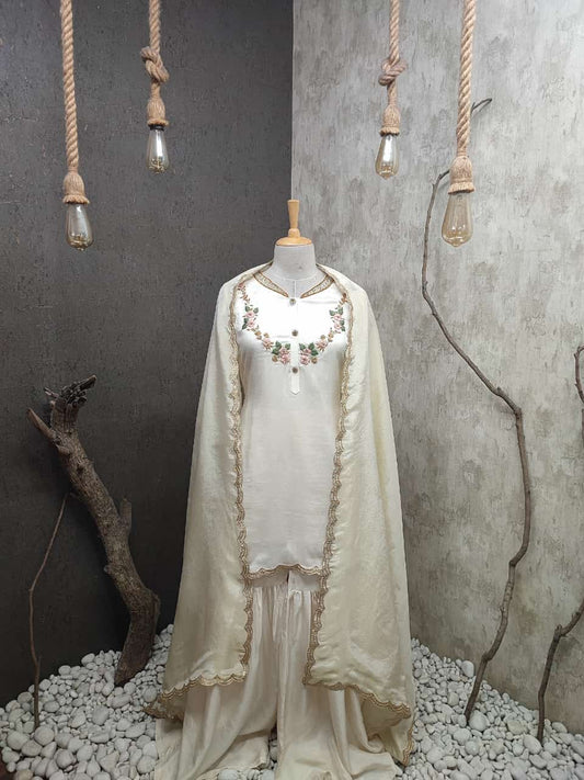 Hand Embroidered Kurti With Sharara Pants And Dupatta