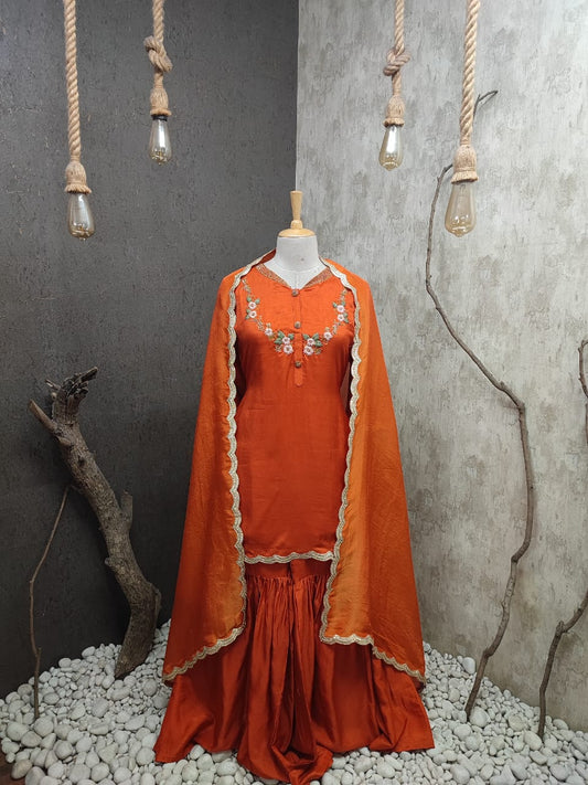Hand Embroidered Kurti With Sharara Pants And Dupatta