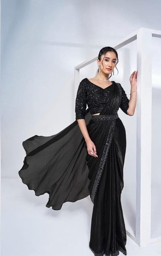 Embroidered Ready To Wear Saree With Stitched Blouse And Belt