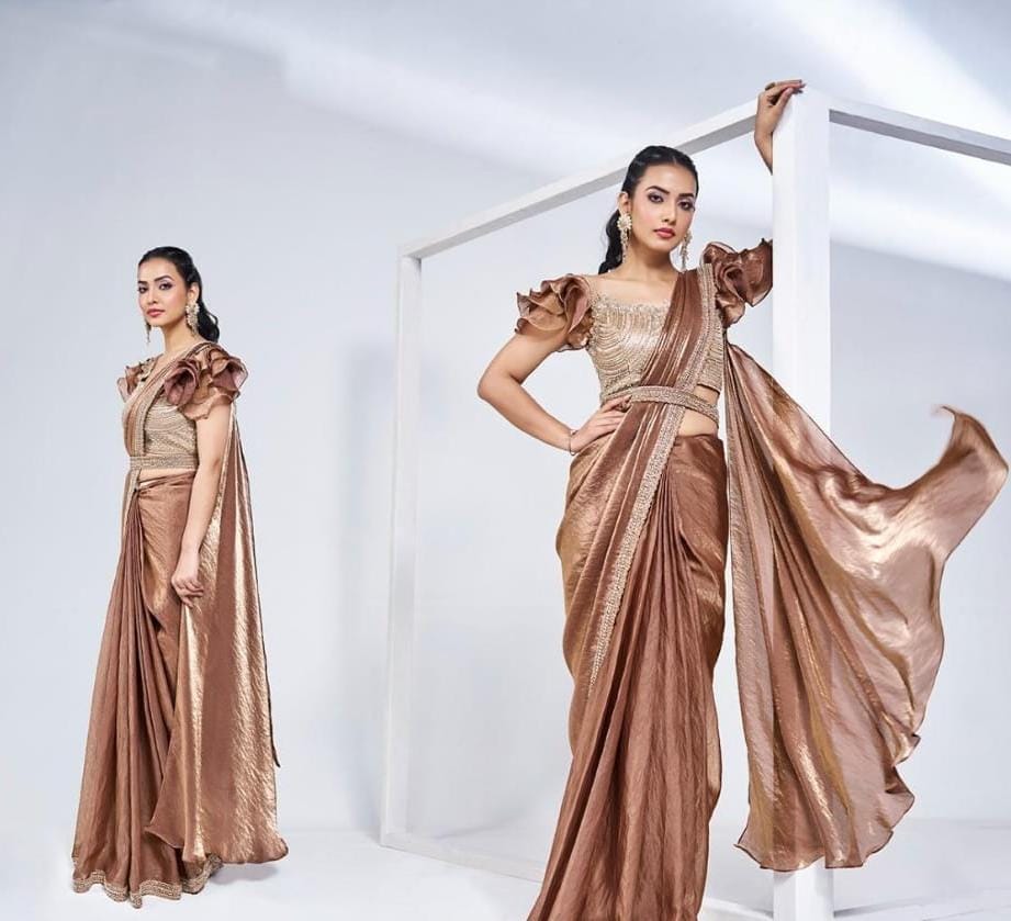 Ready To Wear Saree With Embroidered Stitched Blouse And Belt