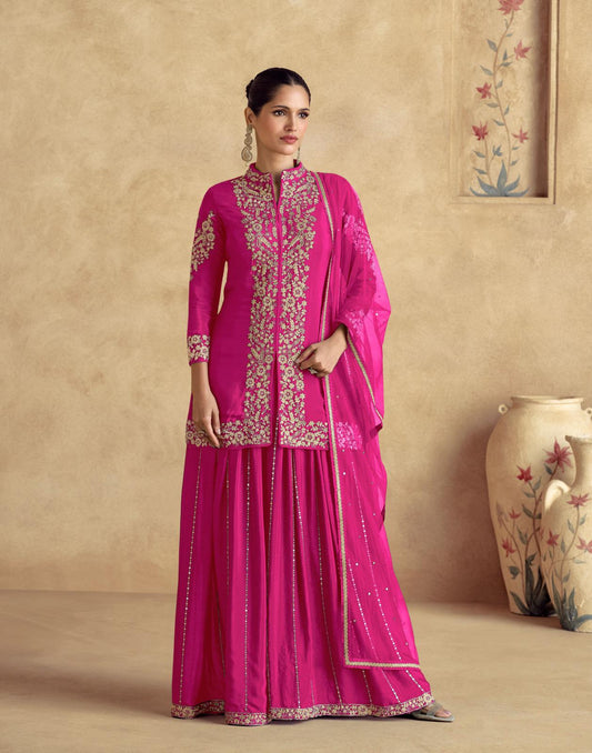 Embroidered Front Slit Short Kurta With Flared Palazzo And Dupatta