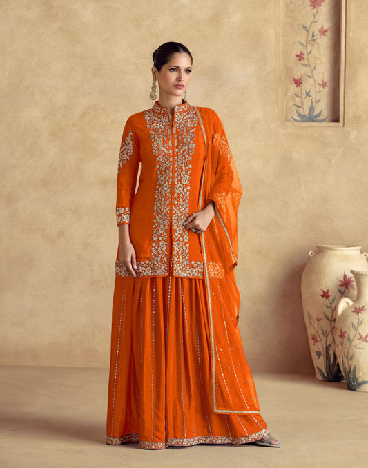 Embroidered Front Slit Short Kurta With Flared Palazzo And Dupatta