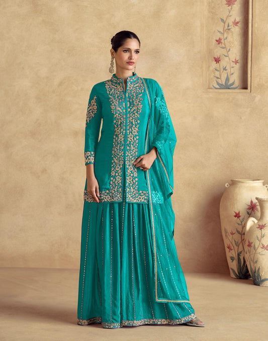 Embroidered Front Slit Short Kurta With Flared Palazzo And Dupatta