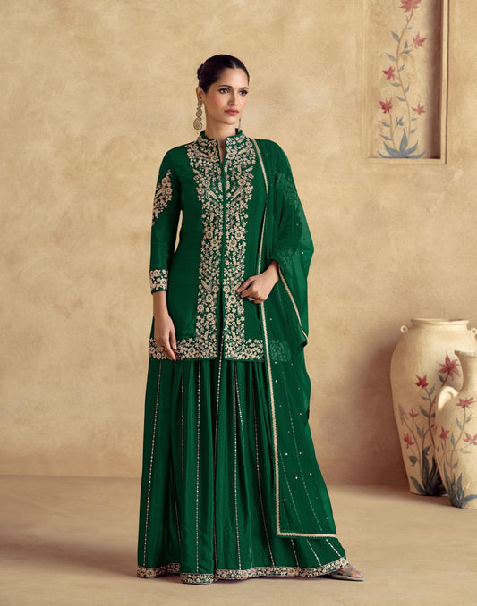Embroidered Front Slit Short Kurta With Flared Palazzo And Dupatta