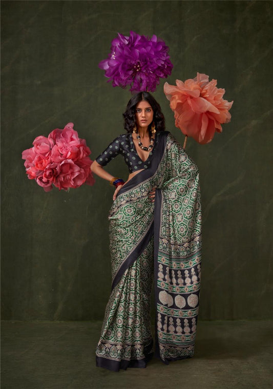 Satin Crepe Ajrakh Print Saree