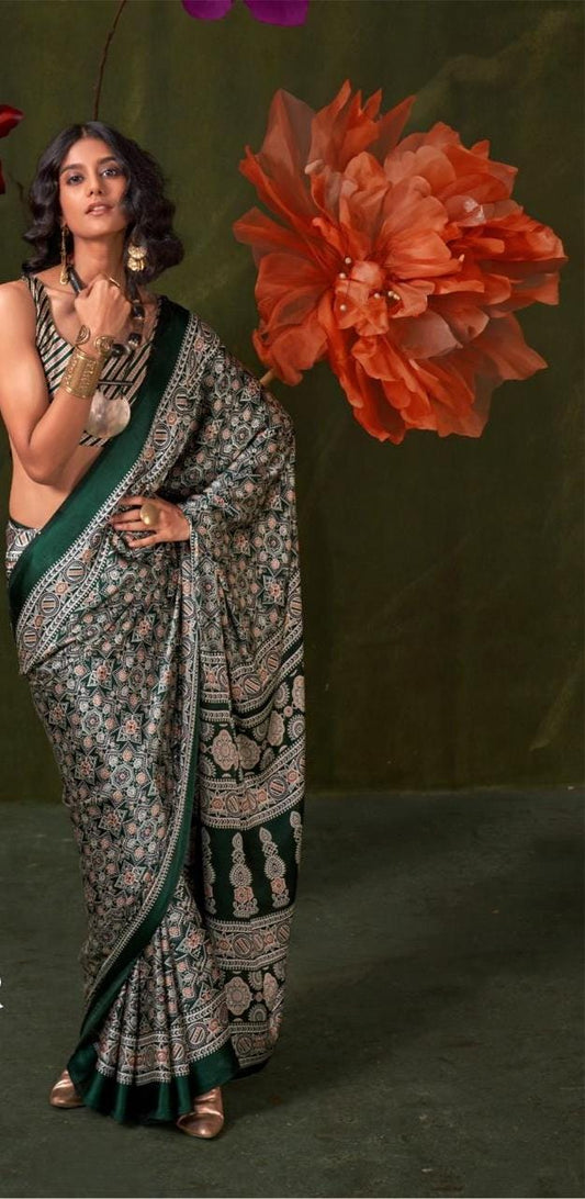 Satin Crepe Ajrakh Print Saree