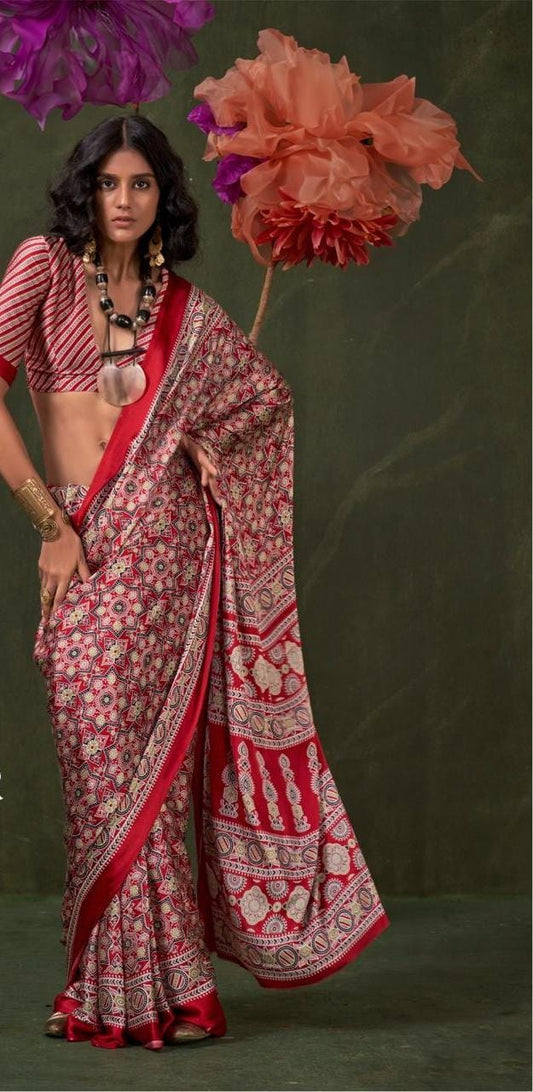 Satin Crepe Ajrakh Print Saree