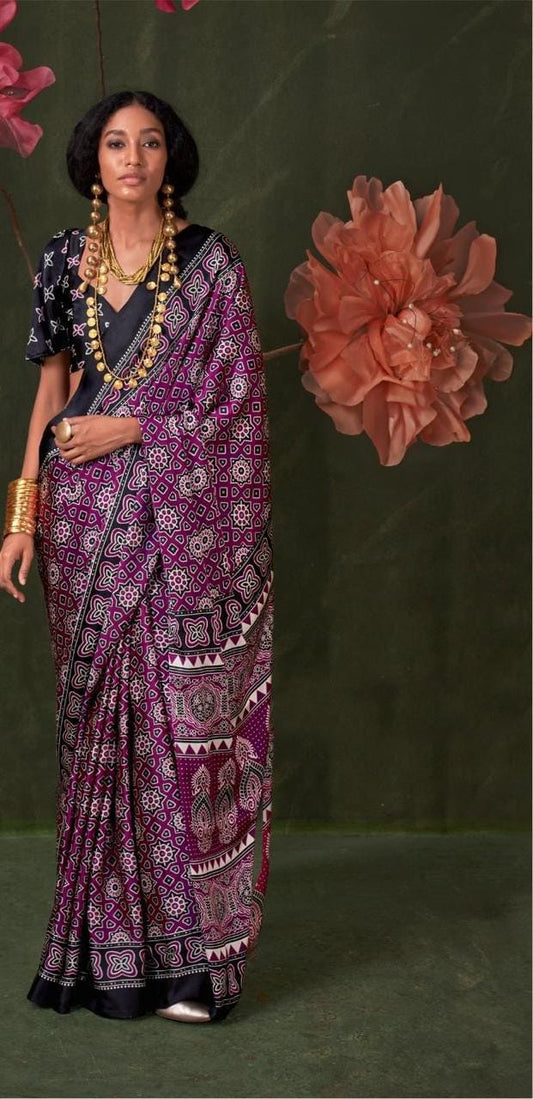 Satin Crepe Ajrakh Print Saree