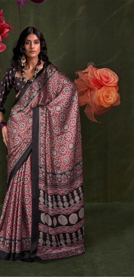 Satin Crepe Ajrakh Print Saree