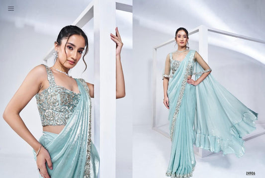 Ready To Wear Saree With Embroidered Stitched Blouse, Poncho And Belt