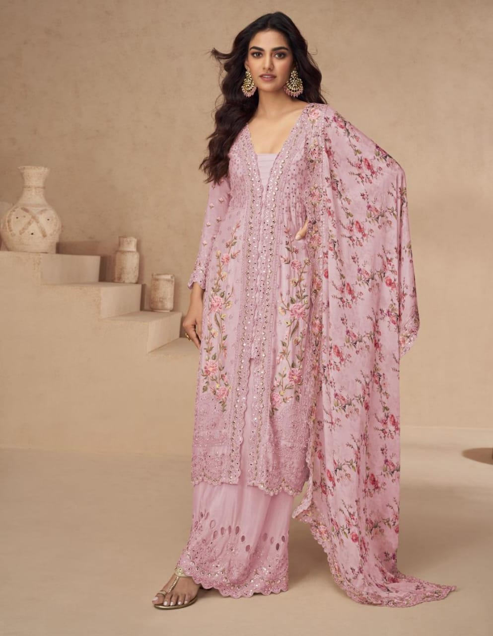 Floral Printed Embroidered Suit