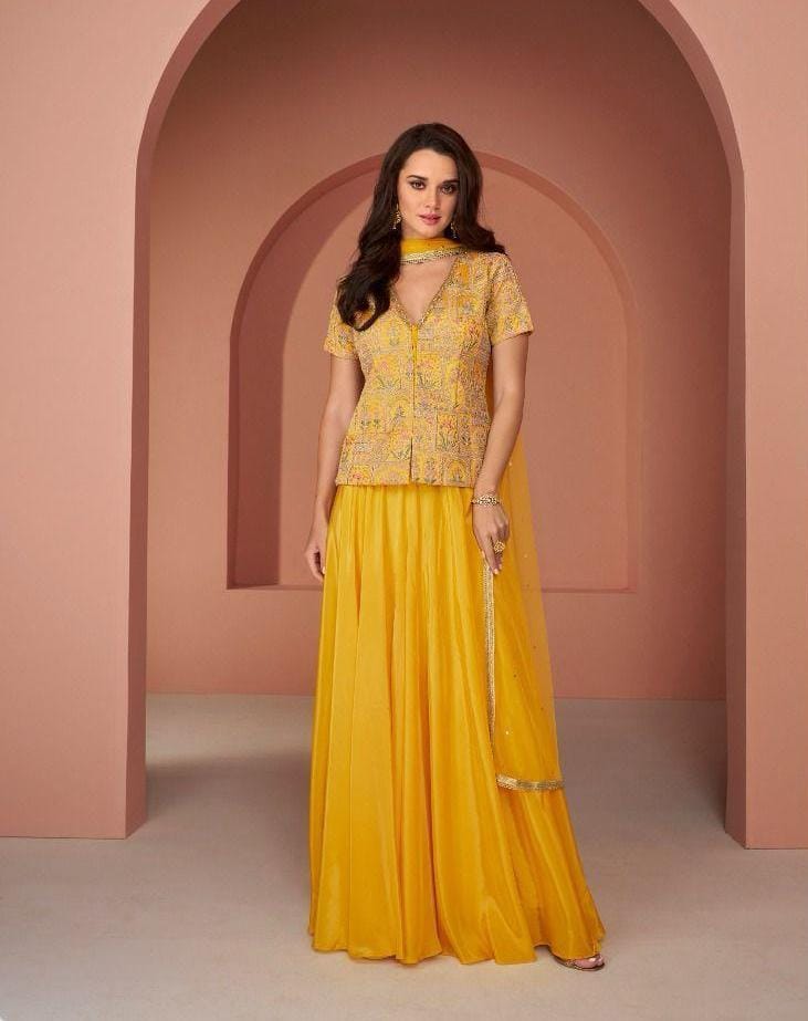 Embroidered Front Slit Top With Palazzo And Dupatta